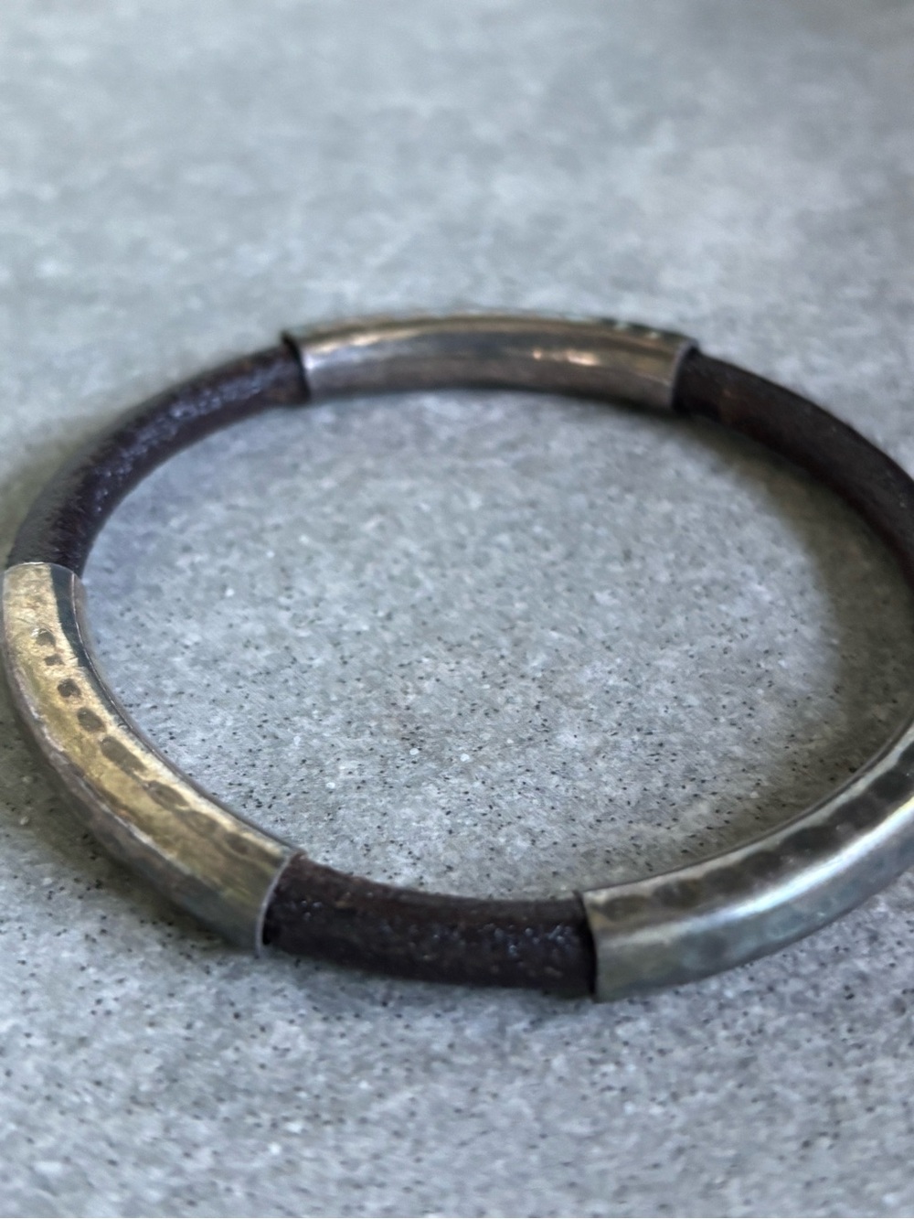 African Brown Leather and Low Grade /Nickel Silver Tube Bangle Bracelet